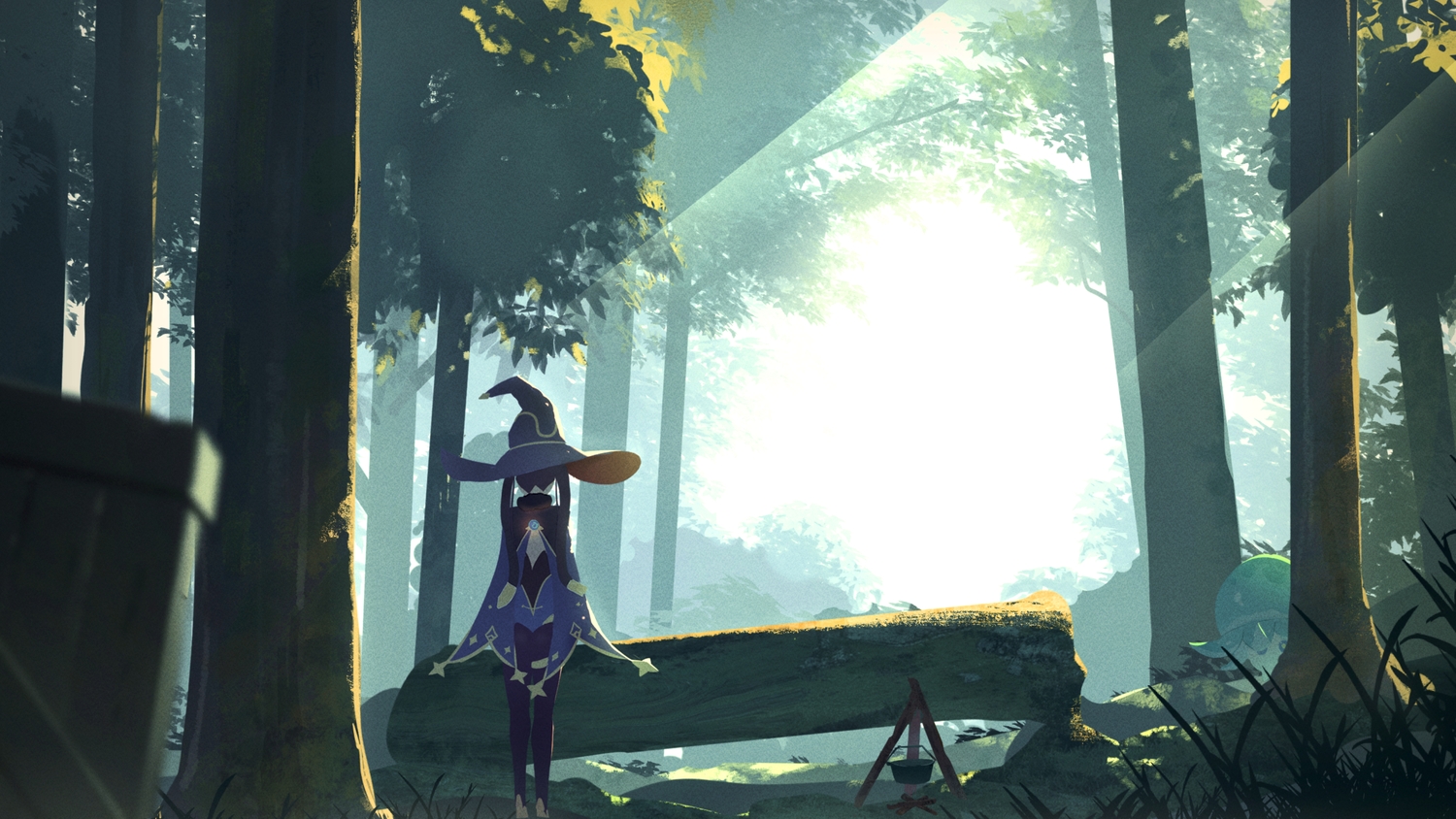 forest, genshin_impact, hat, leotard, long_hair, mona_megistus, scenic, tokutokenzen