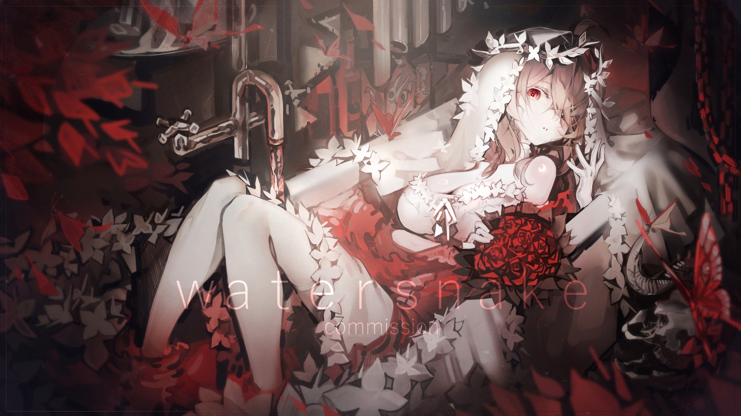 bath, bathtub, breasts, brown_hair, butterfly, cleavage, dress, flowers