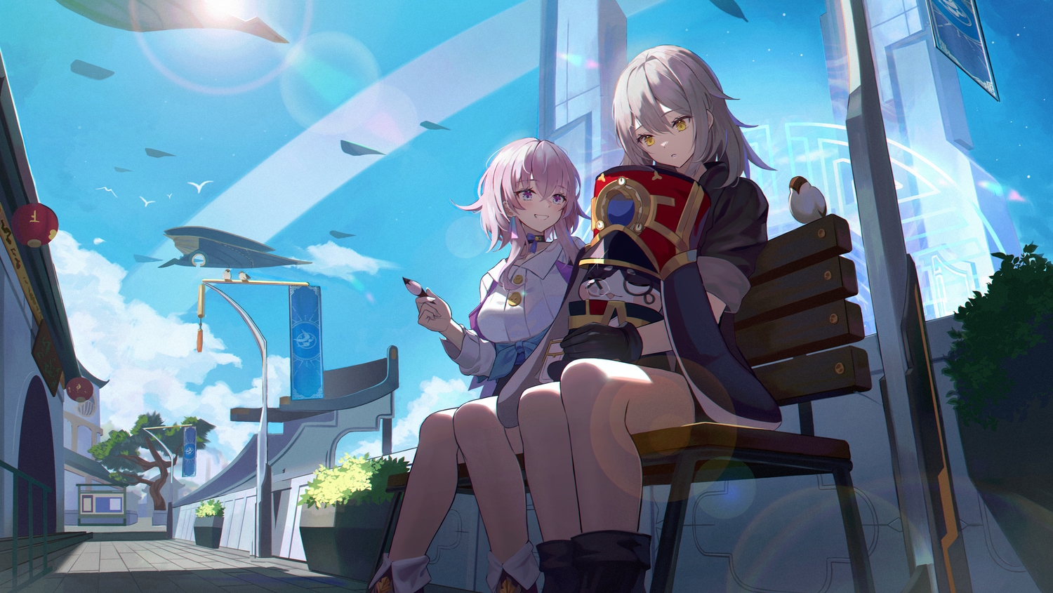 2girls, animal, bird, blue_eyes, blush, boots, building, choker