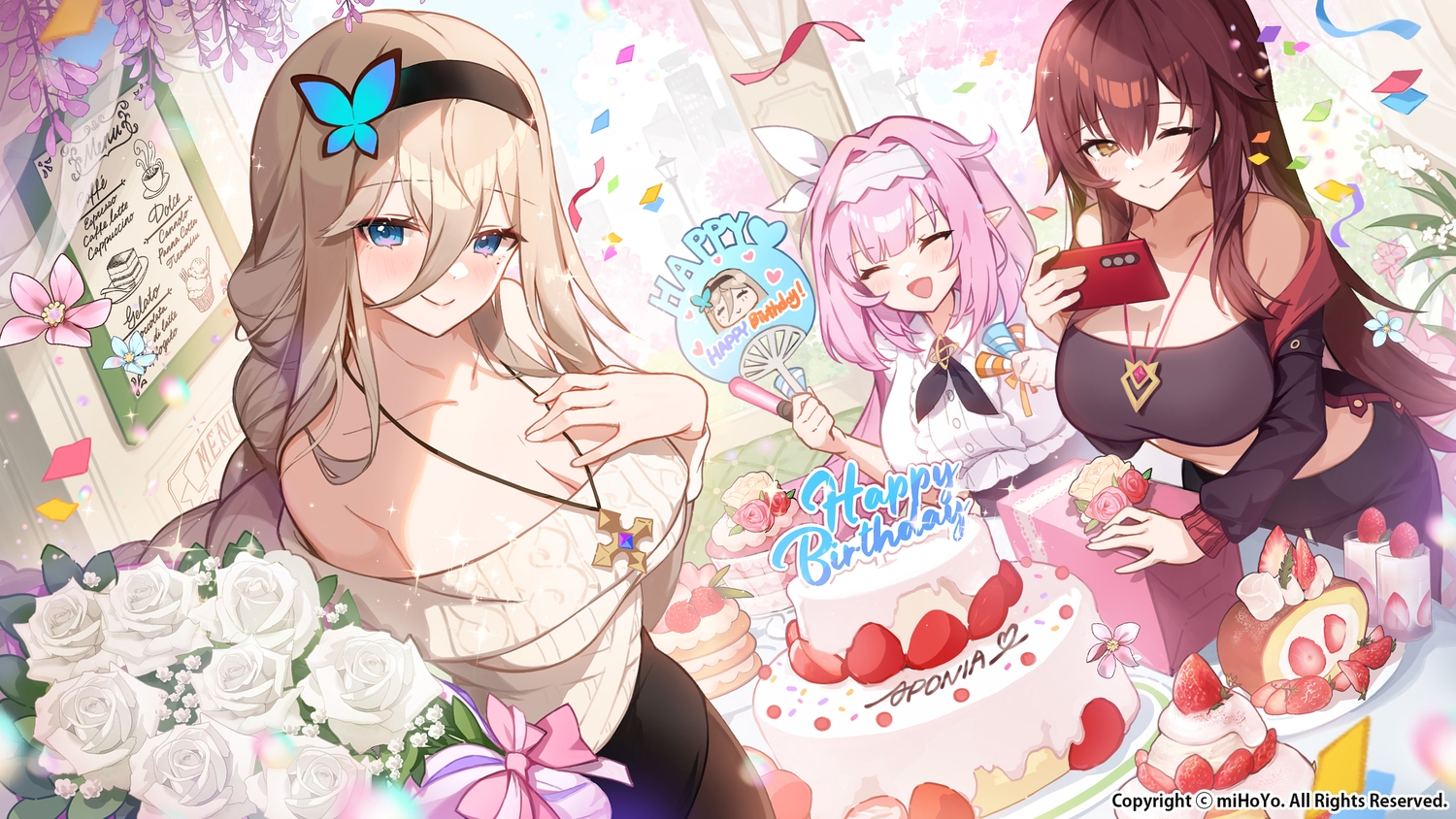 aponia_(honkai_impact), applecaramel_(acaramel), blonde_hair, blue_eyes, blush, bow, breast_hold, breasts