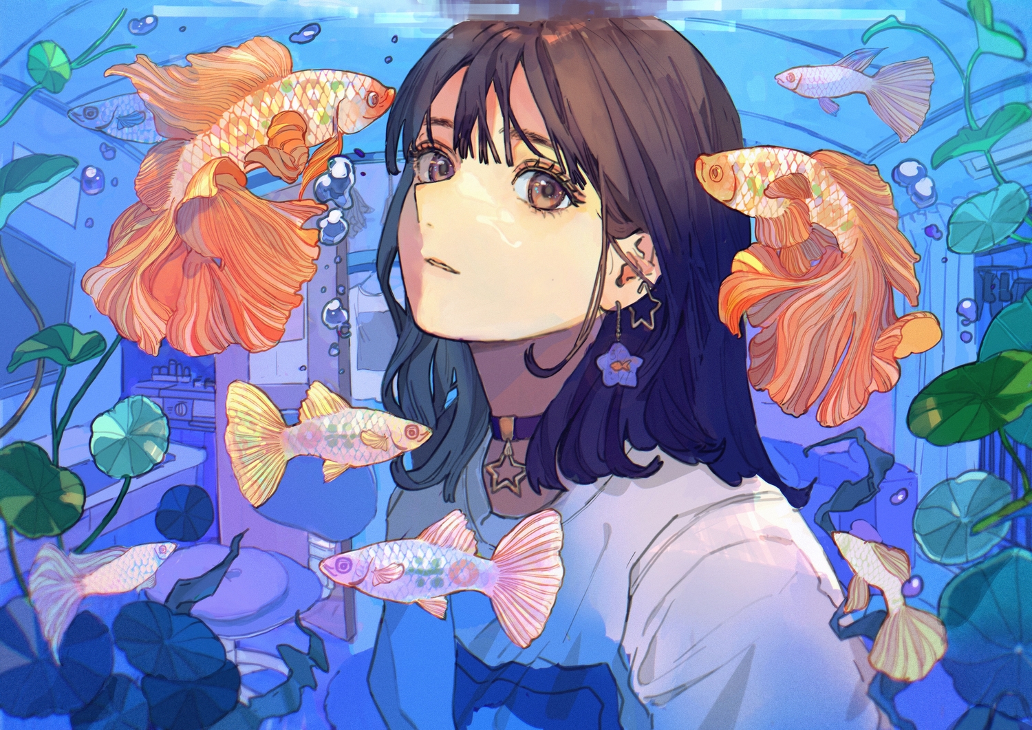 animal, brown_eyes, brown_hair, bubbles, choker, close, fish, original, qooo003, short_hair, underwater, water
