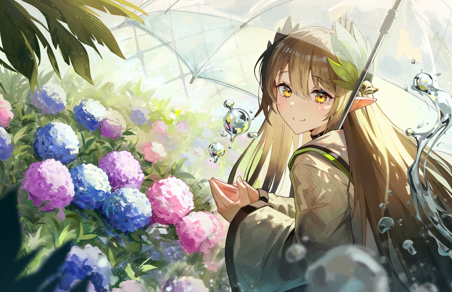 arknights, brown_hair, choker, flowers, greypidjun, leaves, long_hair, magic