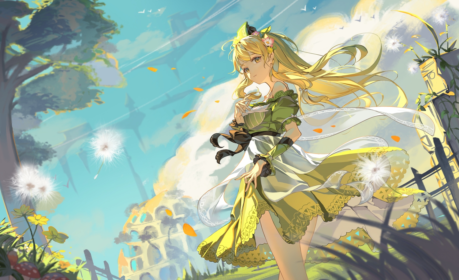 al_guang, atelier, atelier_ayesha, ayesha_altugle, blonde_hair, brown_eyes, building, clouds