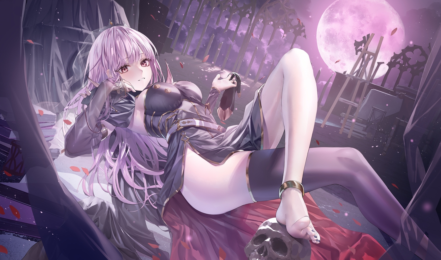 barefoot, dress, heirou, hololive, long_hair, moon, mori_calliope, night