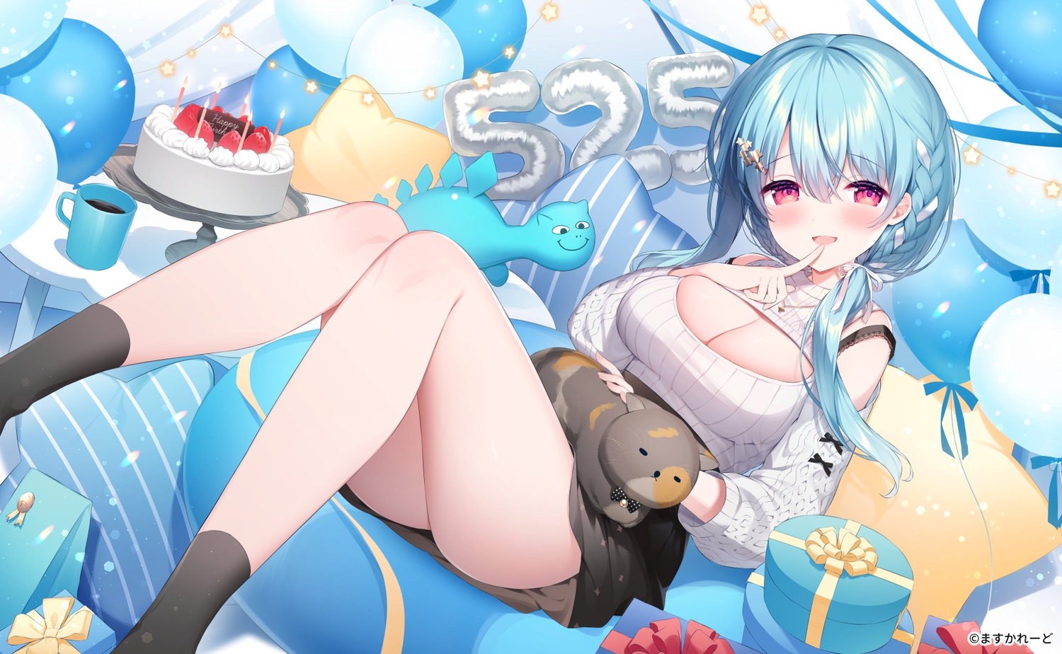 animal, aqua_hair, blush, braids, breast_hold, breasts, cake, cat, cleavage, drink, food, fruit, hisagi_(puchimaple), hoshino_supika, kneehighs, long_hair, masquerade_channel, necklace, ponytail, red_eyes, skirt, strawberry, watermark