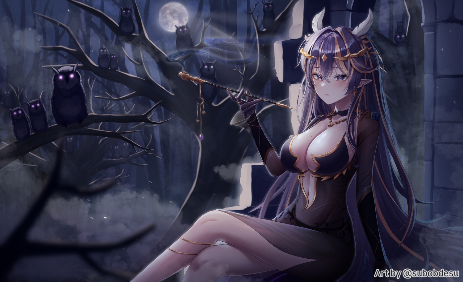 aliasing, animal, bird, breasts, chisi, cleavage, dress, elbow_gloves, feathers, gloves, headband, long_hair, moon, navel, necklace, night, original, owl, pointed_ears, purple_eyes, purple_hair, ruins, sky, smoking, tree, watermark