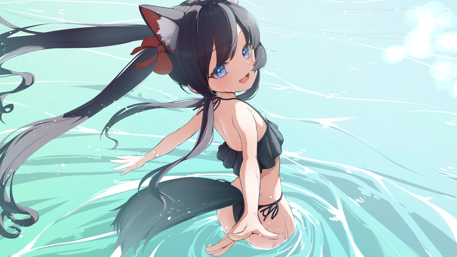 animal_ears, ass, bananafish1111, black_hair, blue_eyes, flat_chest, original, swimsuit