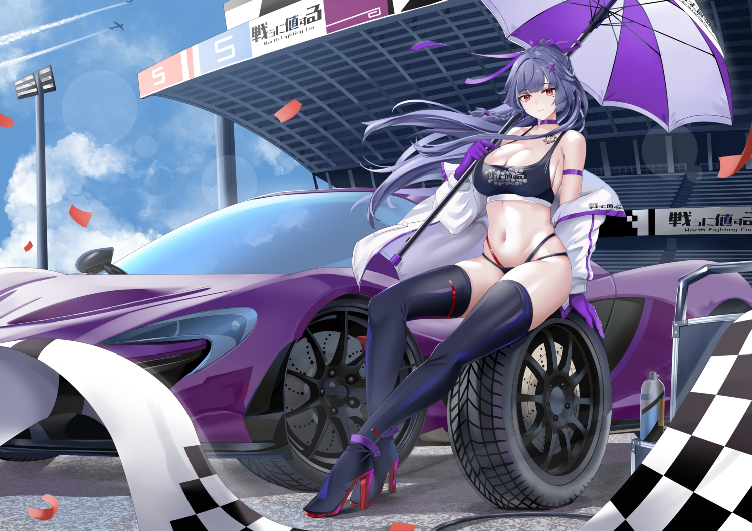 braids, car, clouds, gloves, katsuboys, long_hair, navel, red_eyes, sky, tatakau_ataisuru, thighhighs, umbrella, yamaguchi_ryouko