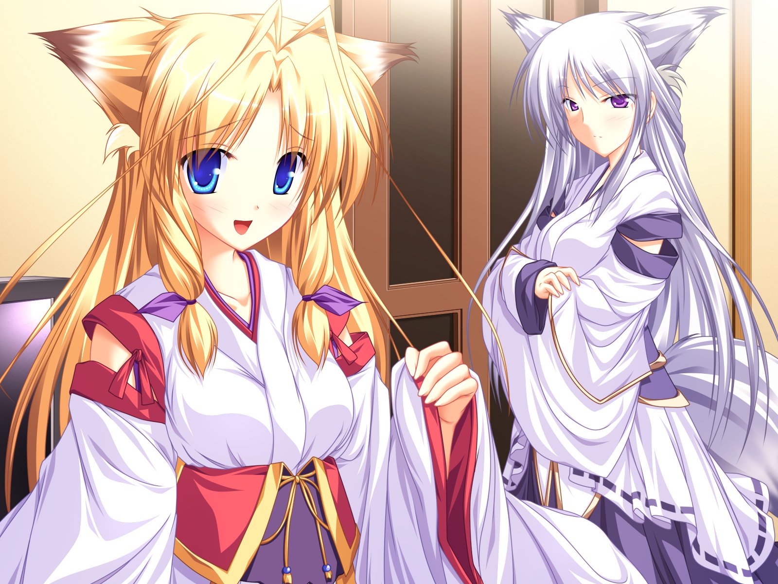 2girls, animal_ears, blonde_hair, blue_eyes, blush, foxgirl, game_cg, inakoi