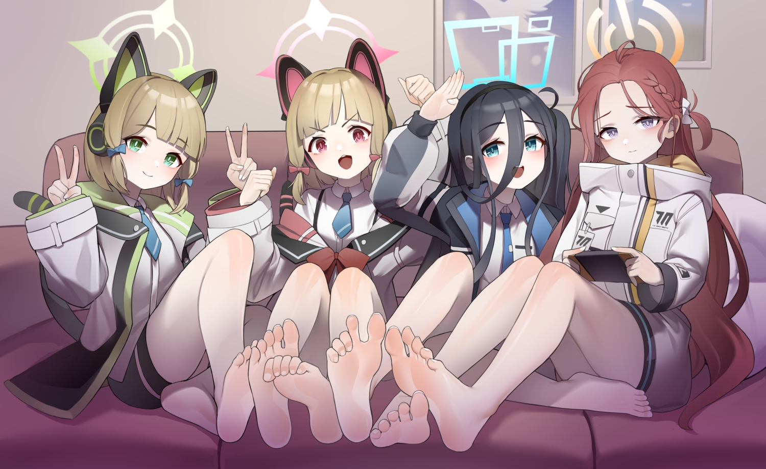 animal_ears, aqua_eyes, barefoot, black_hair, blonde_hair, blue_archive, braids, catgirl