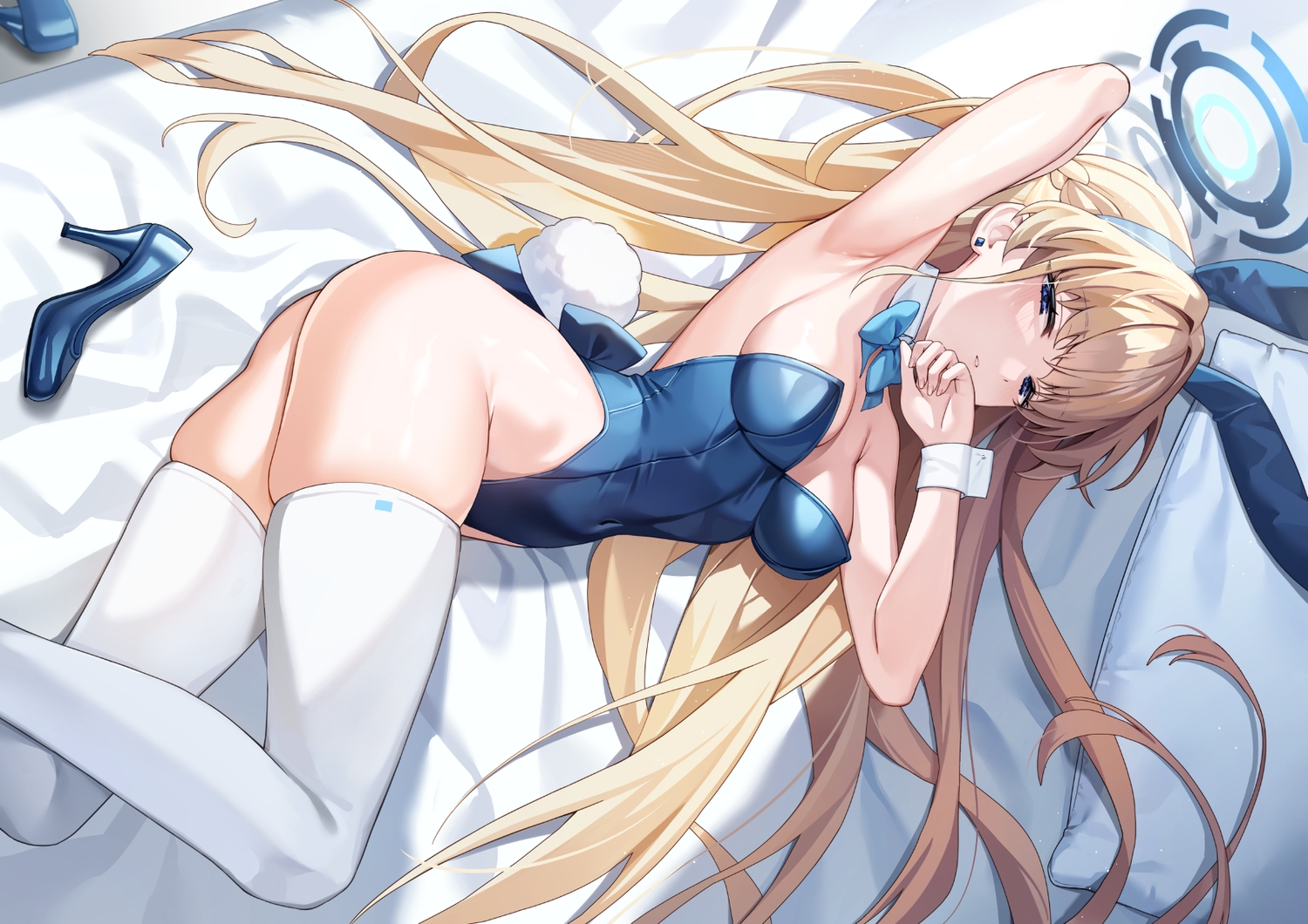 animal_ears, ass, asuma_toki, bed, blonde_hair, blue_archive, blue_eyes, blush, braids, breasts, bunny_ears, bunnygirl, cleavage, headband, leotard, long_hair, pine_(angel4195202), tail, thighhighs, wristwear