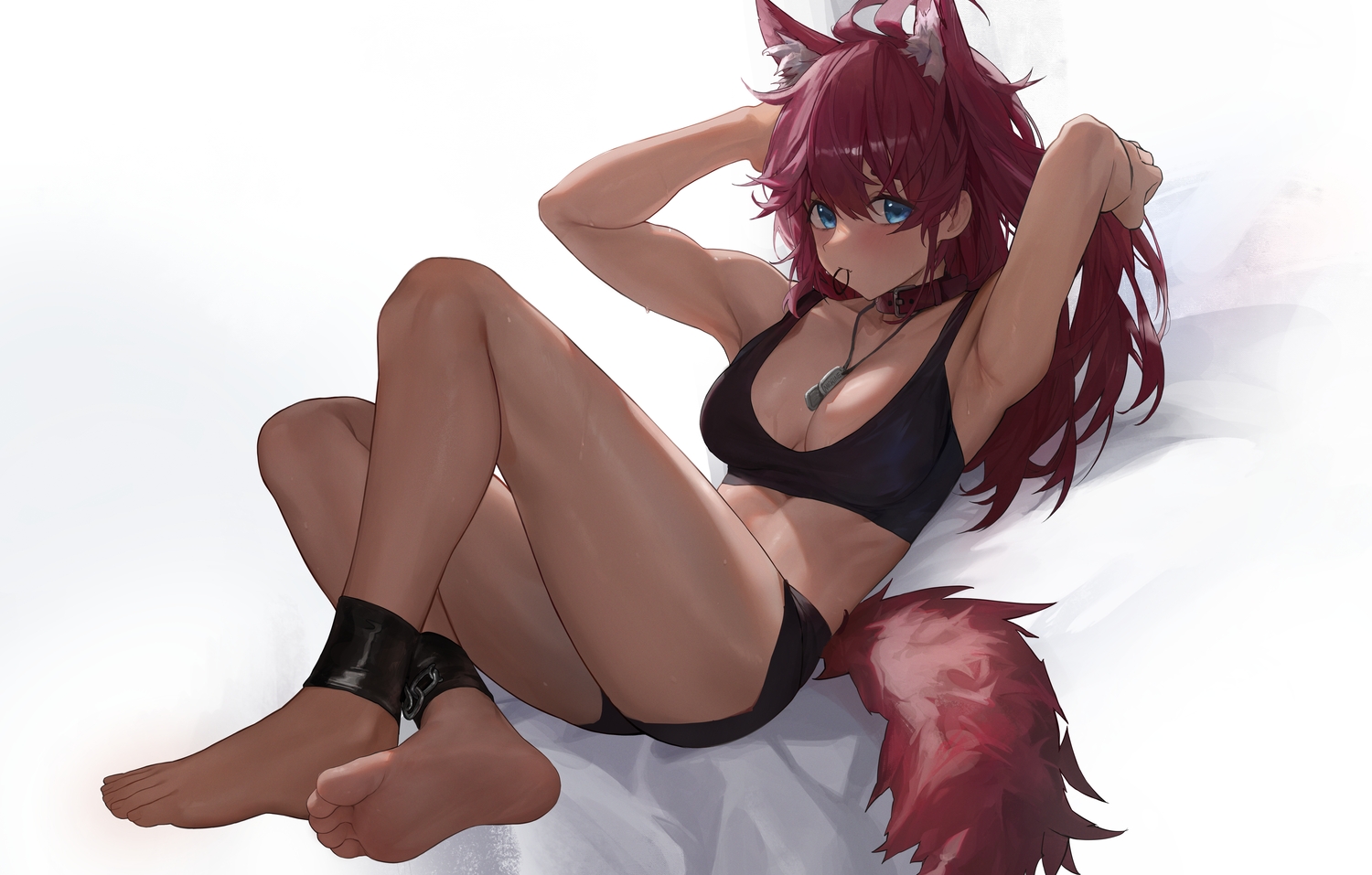 animal_ears, bafangyu, barefoot, blue_eyes, blush, bondage, bra, breasts, cleavage, collar, fang, gundam_suisei_no_majo, long_hair, mobile_suit_gundam, necklace, red_hair, shackles, shorts, suletta_mercury, tail, underwear, white, wolfgirl
