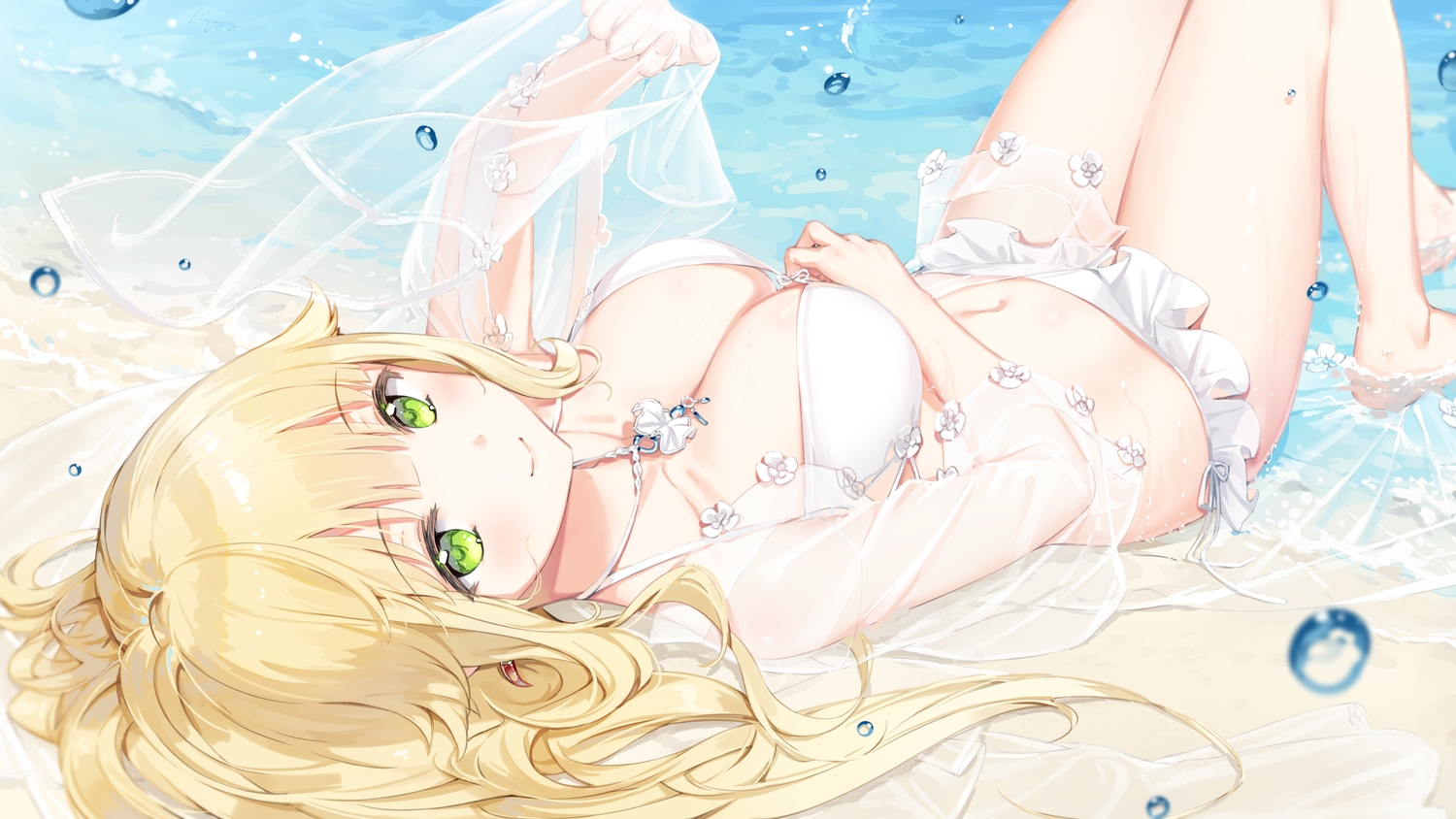 anthropomorphism, aurora_(azur_lane), azur_lane, barefoot, beach, bikini, blonde_hair, blush