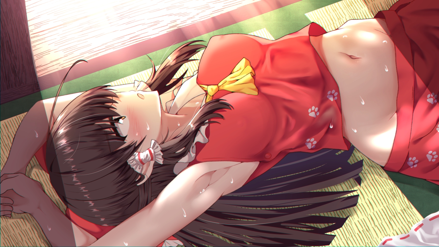 blush, brown_eyes, brown_hair, erect_nipples, hakurei_reimu, long_hair, navel, rankasei