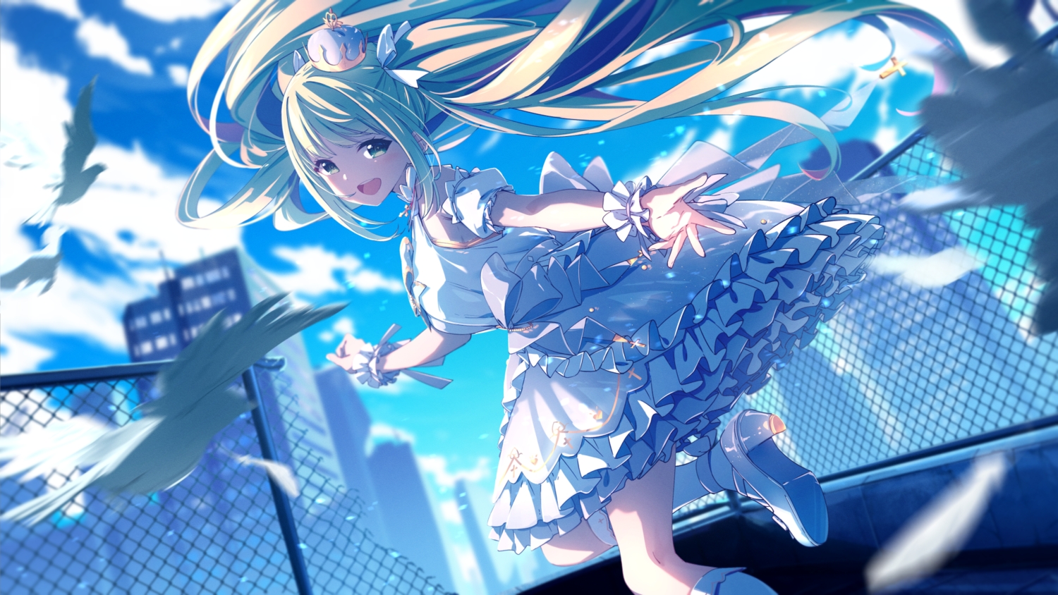 animal, bird, bow, crown, dress, feathers, green_eyes, green_hair, ikoi_momoa, kneehighs, long_hair, propro_production, rooftop, schatten, twintails, wristwear
