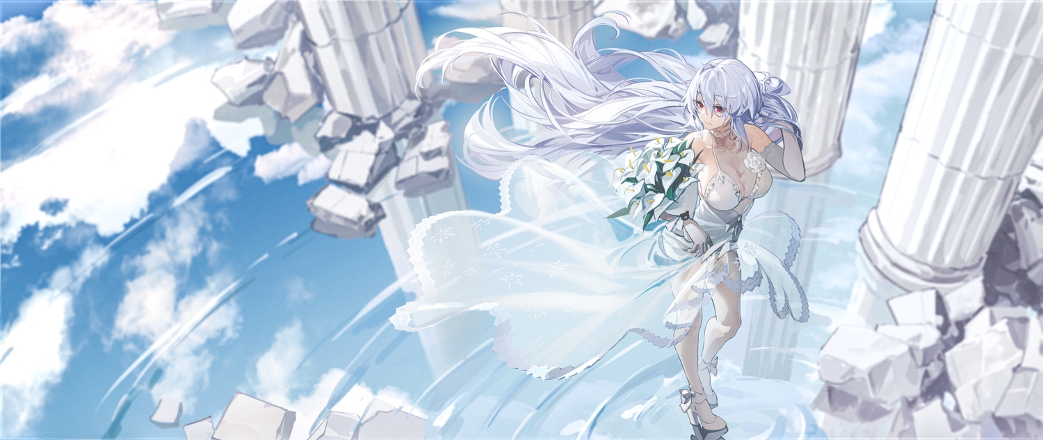 anthropomorphism, breasts, cleavage, clouds, dress, elbow_gloves, flowers, girls_frontline