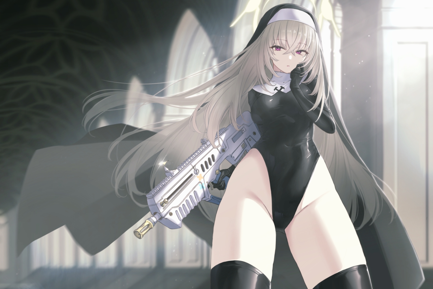 blue_archive, elbow_gloves, gloves, gray_hair, gun, halo, headdress, leotard, long_hair, nun, purple_eyes, skintight, taiyou-n, thighhighs, utazami_sakurako, weapon