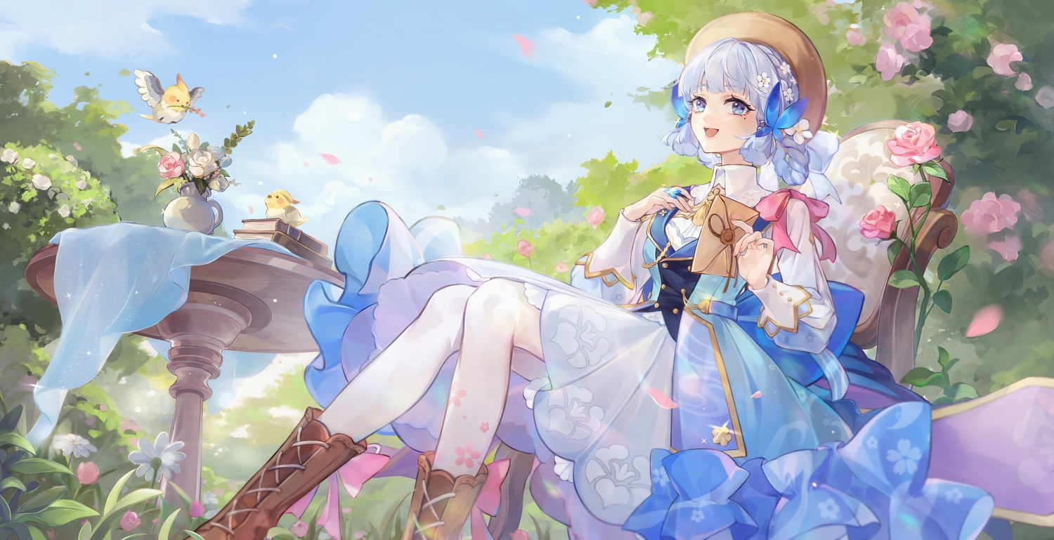 animal, bird, blue_eyes, blue_hair, boots, bow, braids, clouds, dress, flowers, genshin_impact, hat, kamisato_ayaka, pantyhose, petals, sky, smyan