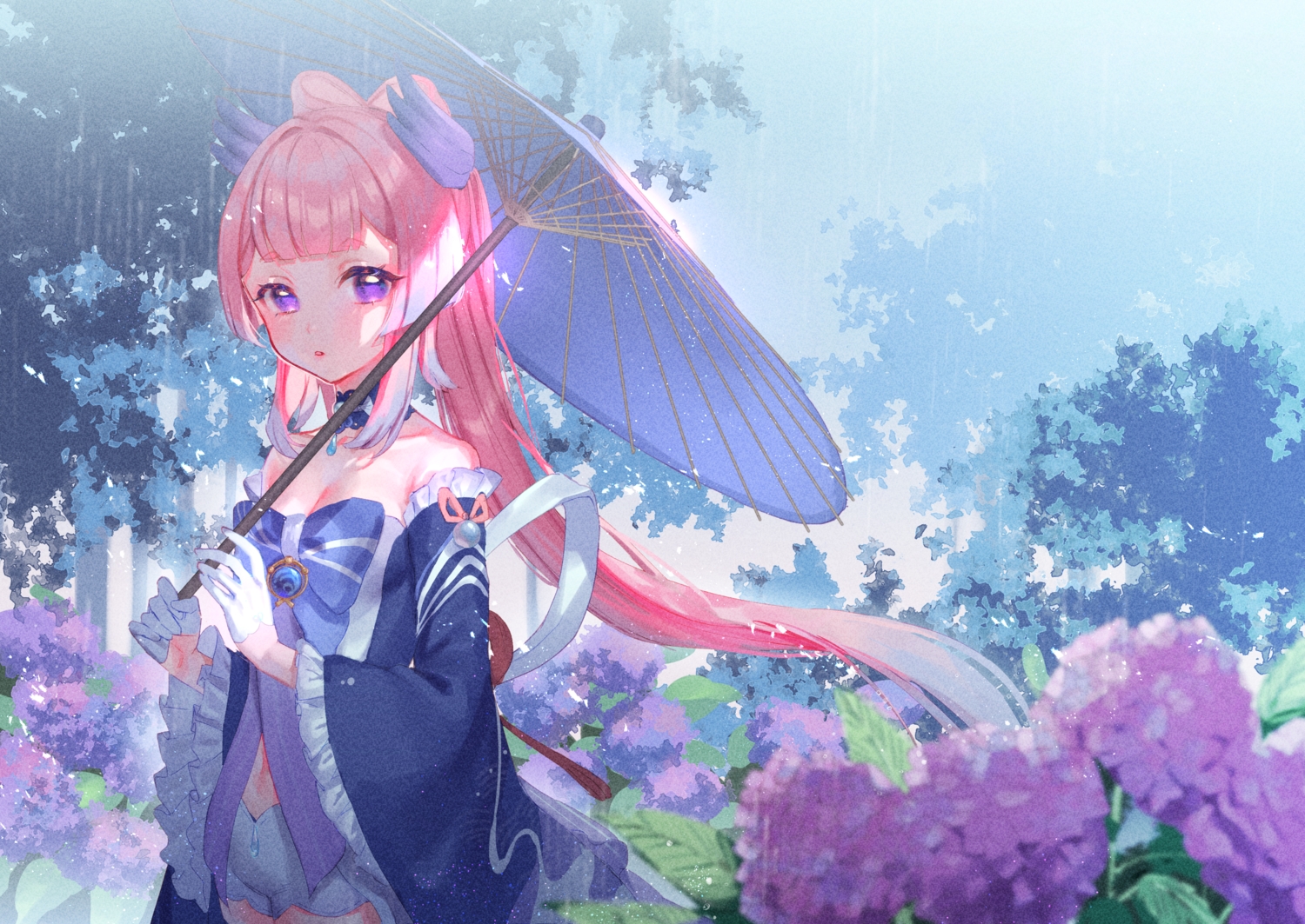 flowers, genshin_impact, gloves, harushio, long_hair, pink_hair, purple_eyes, rain