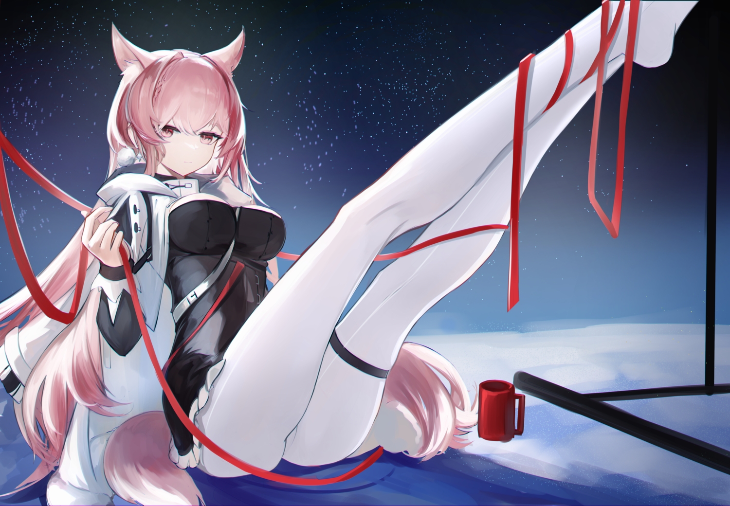 animal_ears, arknights, braids, cape, dress, garter, hood, long_hair