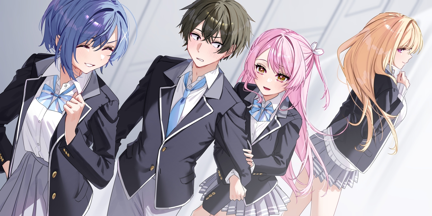 black_eyes, black_hair, blonde_hair, blue_hair, blush, bow, chigusa_minori, geneki_jk_idol-san_ha_himajin_no_ore_ni_kyomi_ga_arurashii, group, long_hair, male, pink_hair, ponytail, purple_eyes, sakurazaki_nako, school_uniform, shirt, short_hair, skirt, tagme_(character), tie, yellow_eyes