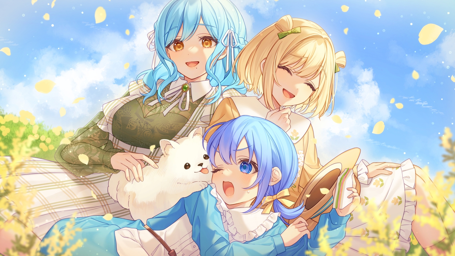 aqua_hair, blonde_hair, blue_eyes, blue_hair, blush, bow, braids, breasts