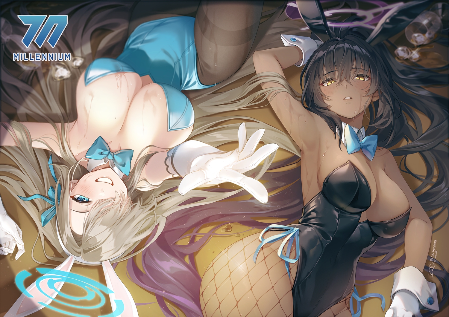 2girls, animal_ears, aqua_eyes, black_hair, blue_archive, blush, bow, breasts