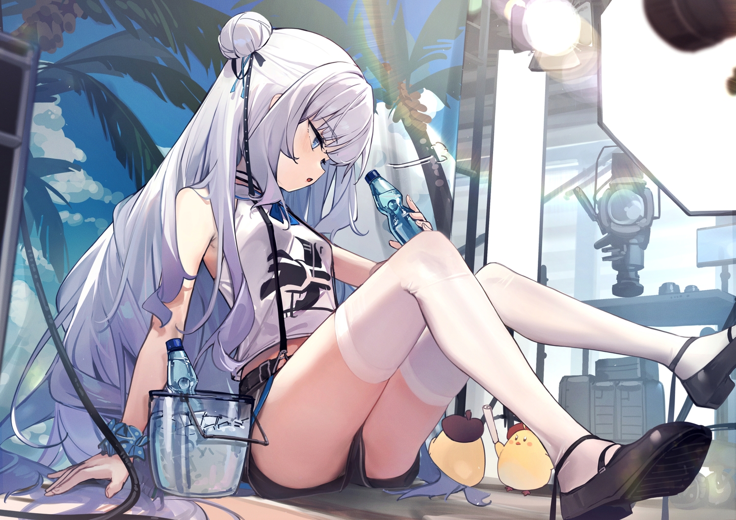 7gao, animal, anthropomorphism, azur_lane, bird, blue_eyes, drink, gray_hair
