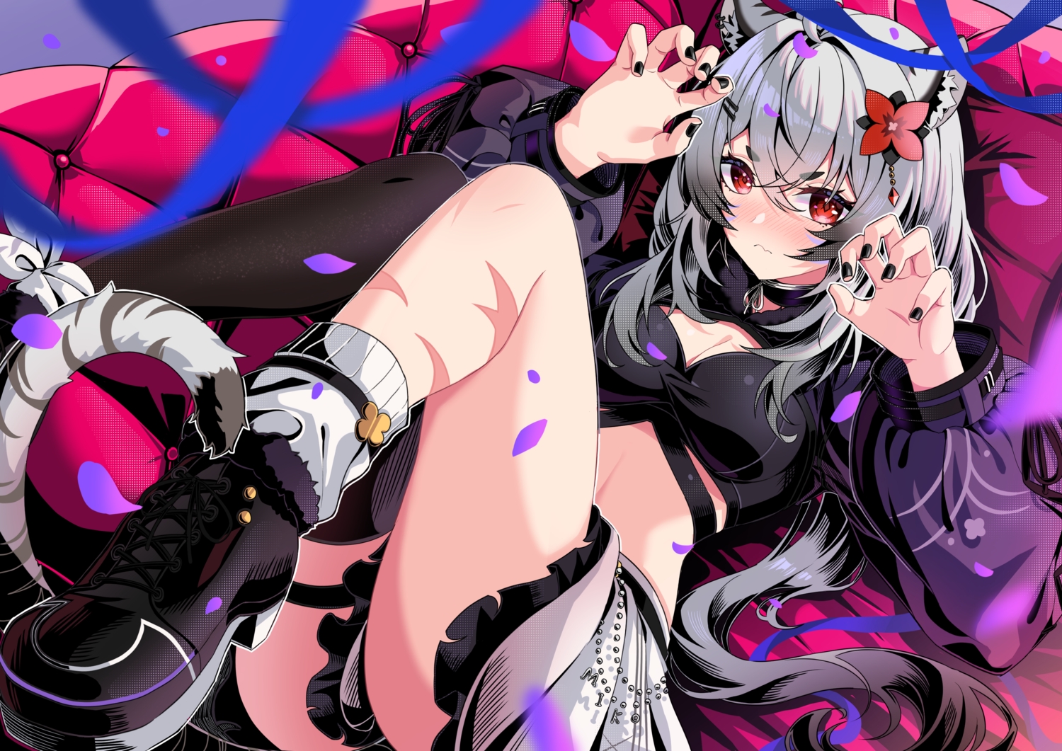 animal_ears, blush, boots, breasts, catgirl, choker, cleavage, fang, garter, gray_hair, long_hair, red_eyes, scar, skirt, socks, tail, thighhighs, yuito_(yuitokobunasbs0)