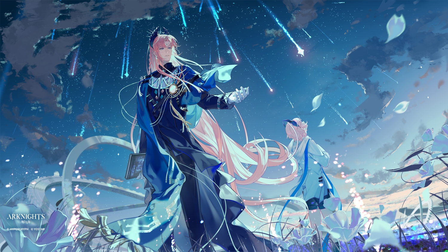 all_male, arknights, blue_eyes, book, cape, clouds, flowers, gloves, hood, horns, lirseven, logo, long_hair, male, passenger_(arknights), pink_hair, short_hair, shorts, sky, stars