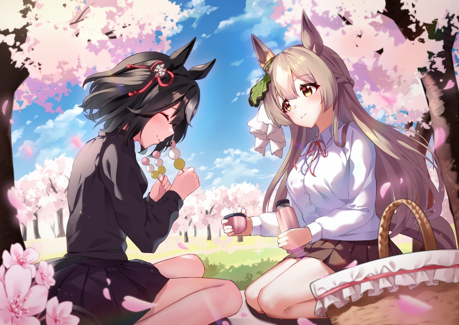 2girls, animal_ears, anthropomorphism, black_hair, blush, cherry_blossoms, clouds, flowers, food, gray_hair, kitasan_black_(umamusume), long_hair, petals, satono_diamond_(umamusume), skirt, sky, sunny_(20597521), tree, uma_musume:_pretty_derby, yellow_eyes
