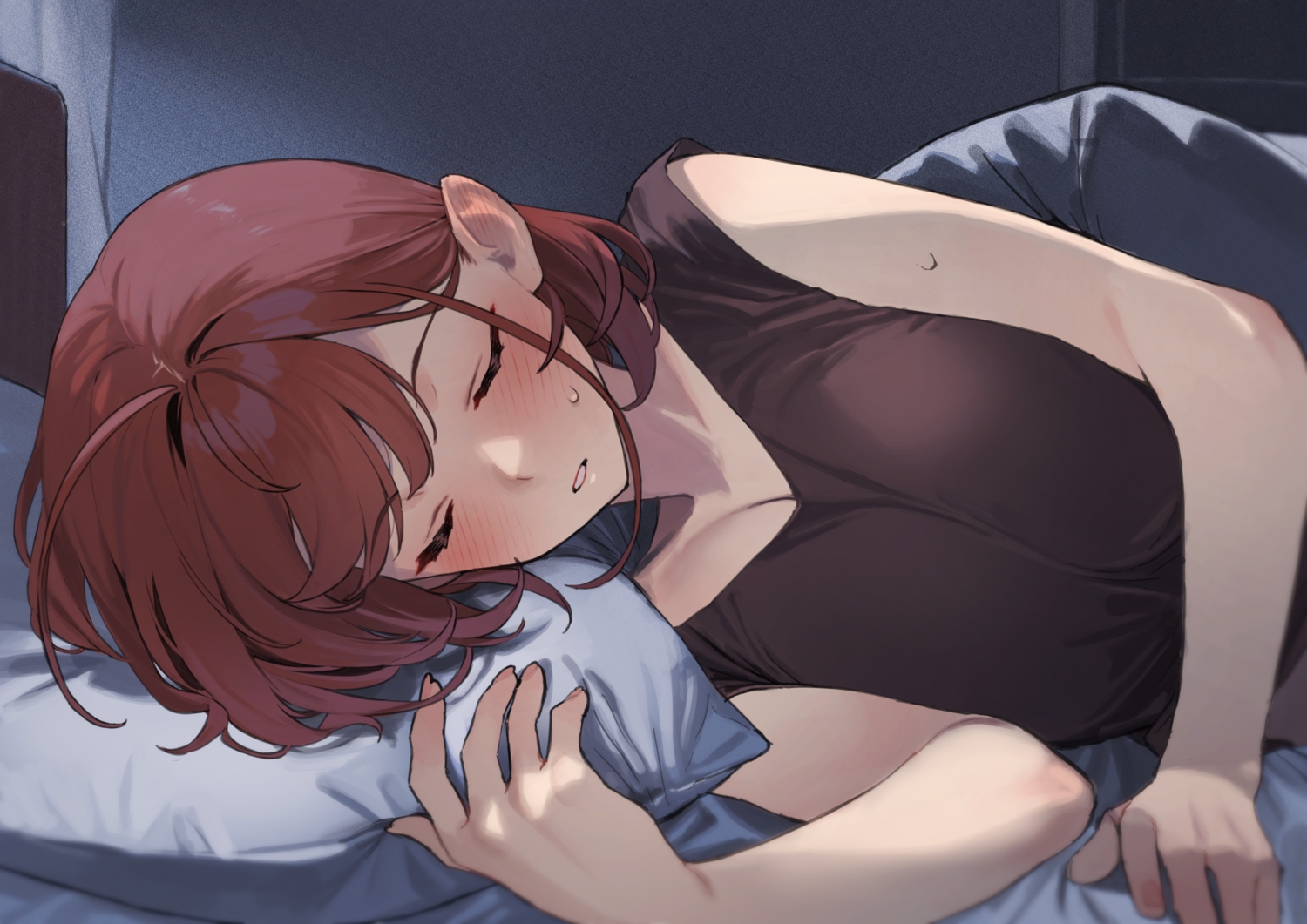 92m, bed, blush, brown_hair, kinshi_no_ane, original, sleeping