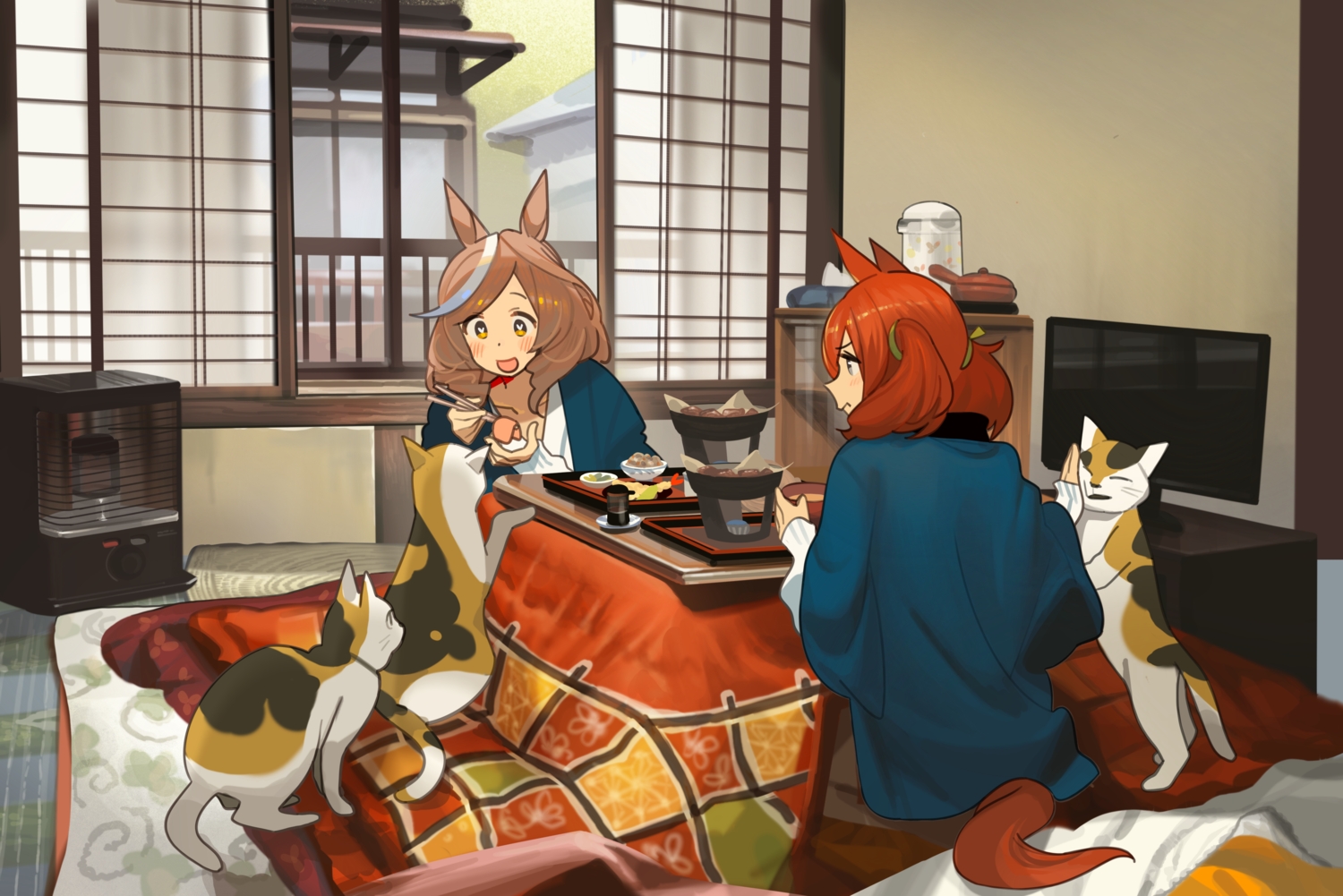 2girls, 3d, animal, animal_ears, anthropomorphism, ashinowoto, brown_eyes, brown_hair, cat, food, kotatsu, long_hair, matikane_tannhauser_(umamusume), nice_nature_(umamusume), red_hair, tail, twintails, uma_musume:_pretty_derby