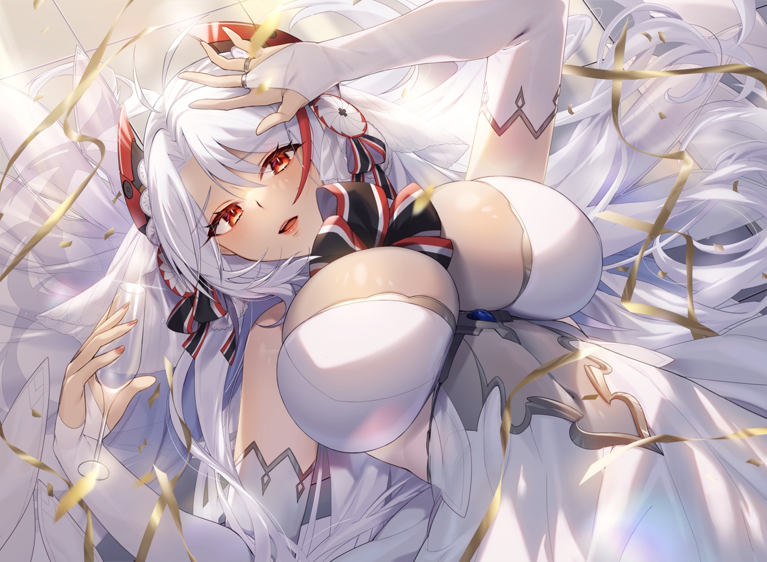 anthropomorphism, azur_lane, breasts, cleavage, close, dress, elbow_gloves, gloves, gray_hair, long_hair, maitei_roppa, prinz_eugen_(azur_lane), red_eyes