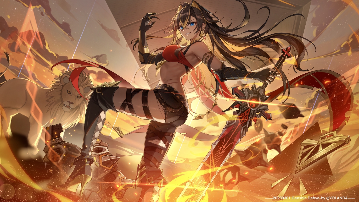 animal, black_hair, blue_eyes, breasts, dehya_(genshin_impact), genshin_impact, gloves, lion