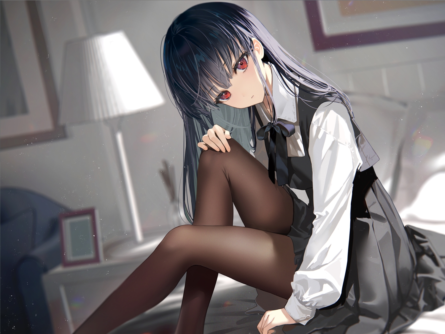 bed, black_hair, long_hair, mimoza_(96mimo414), original, pantyhose, red_eyes, school_uniform