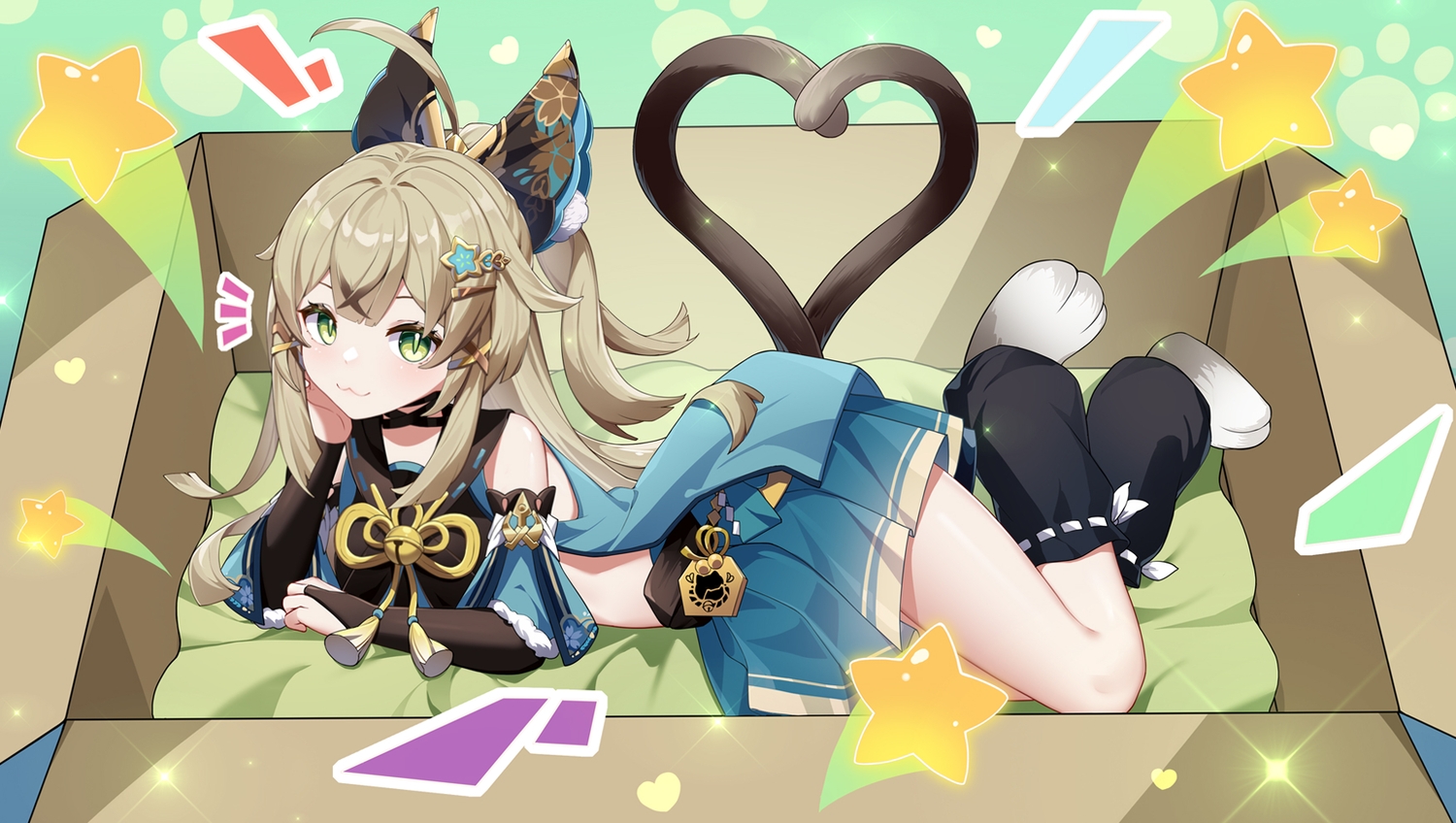 animal_ears, brown_hair, catgirl, cat_smile, genshin_impact, gloves, green_eyes, hat