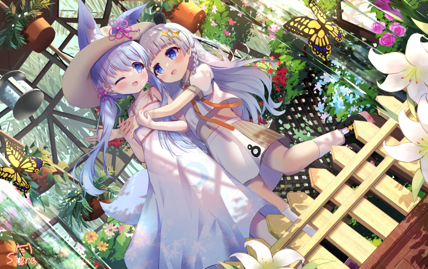 2girls, a.i._voice, blue_eyes, blush, dress, hat, kizuna_akari, kizuna_akari_(tsubomi)