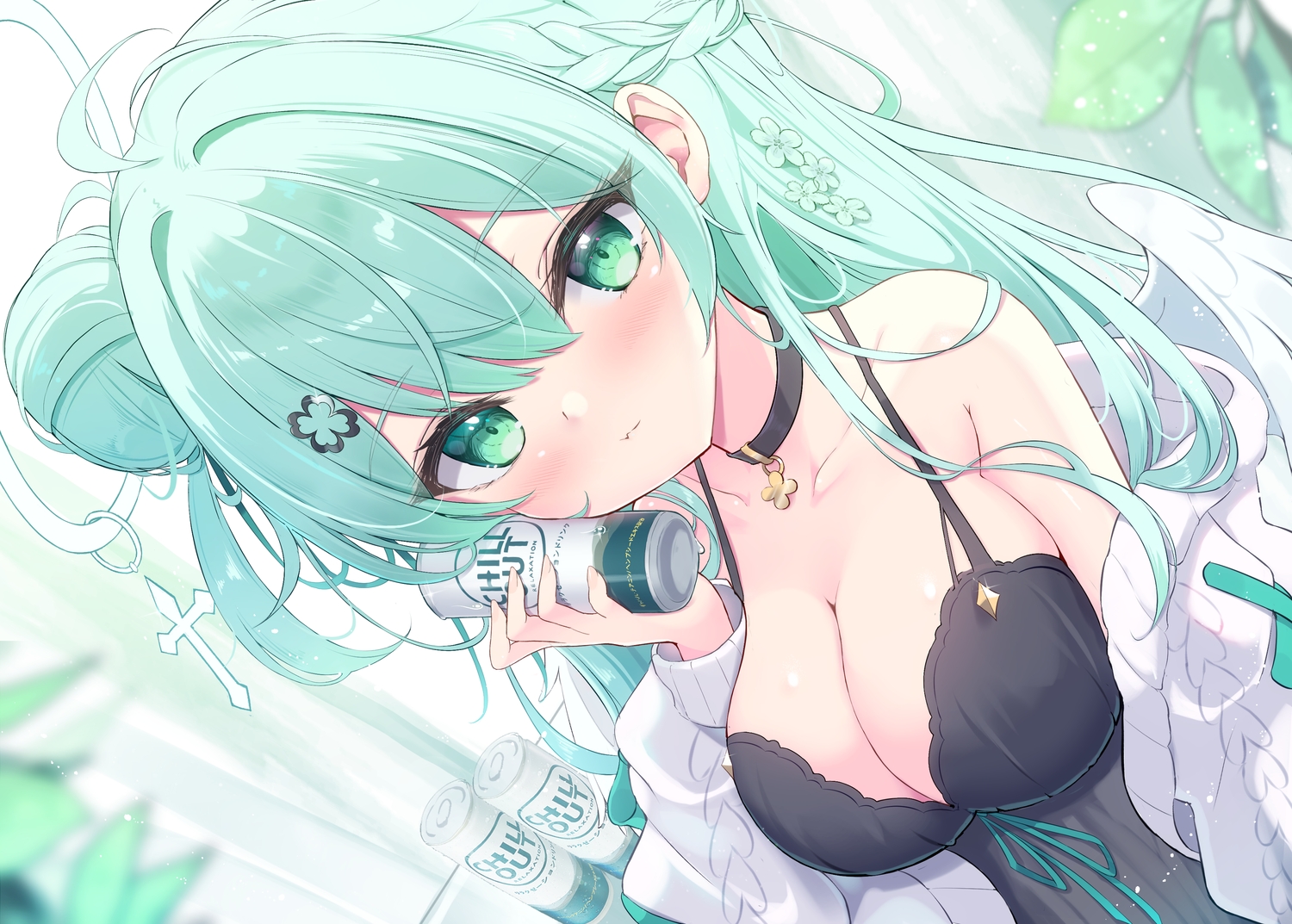 blush, breasts, choker, cross, dress, drink, fang, green_eyes
