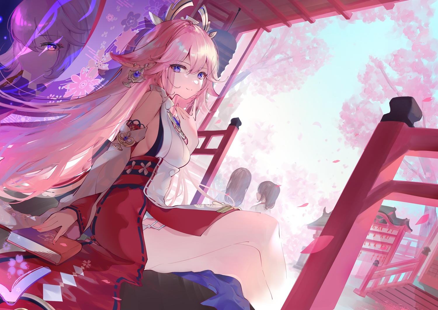 animal_ears, book, cherry_blossoms, flowers, foxgirl, genshin_impact, hieno_hiro, japanese_clothes, long_hair, pink_hair, purple_eyes, shrine, stairs, tree, yae_miko