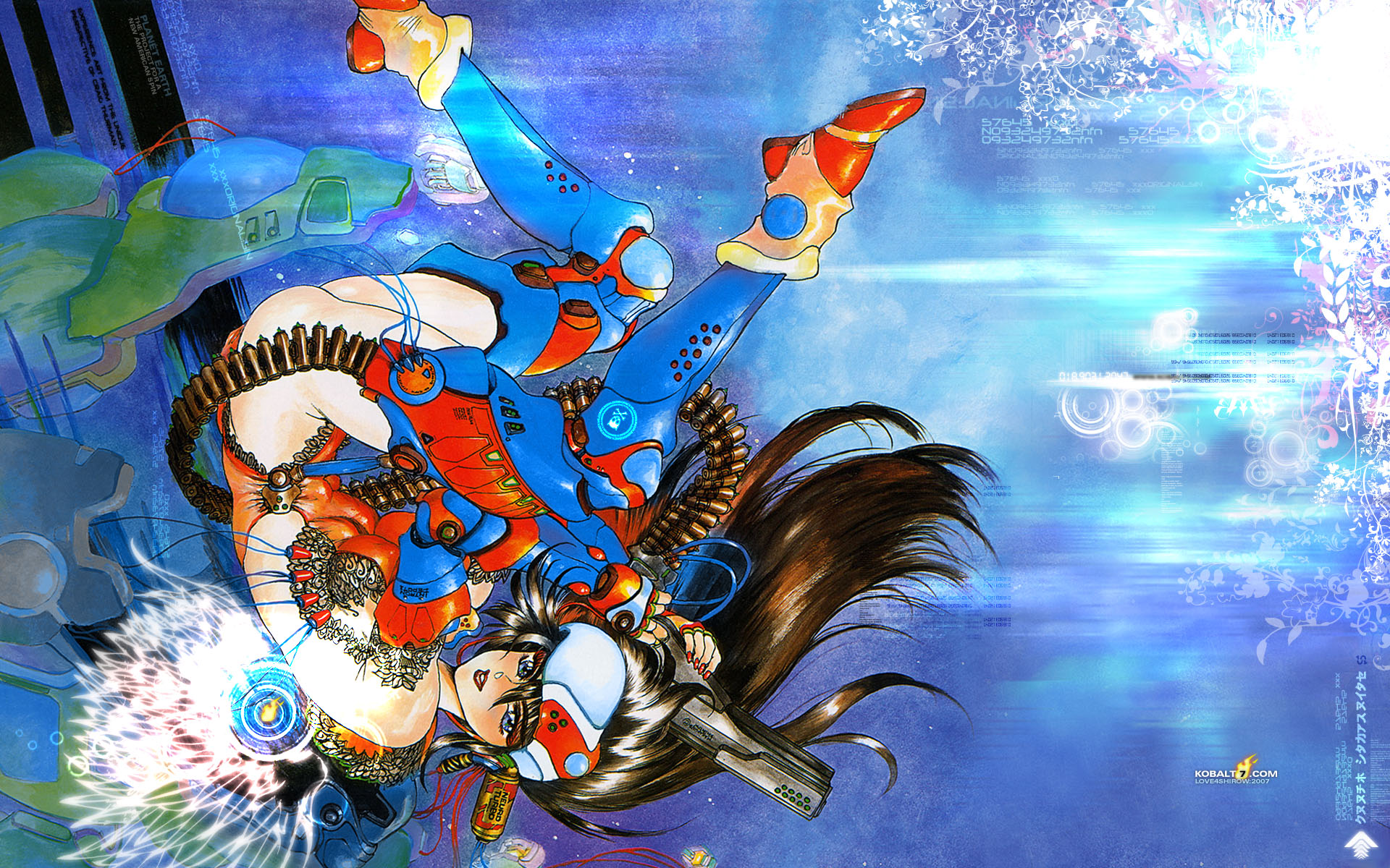 armor, ass, blue_eyes, boots, brown_hair, erect_nipples, flowers, gloves, gun, hat, intron_depot, long_hair, shirow_masamune, tattoo, techgirl, watermark, weapon, wings