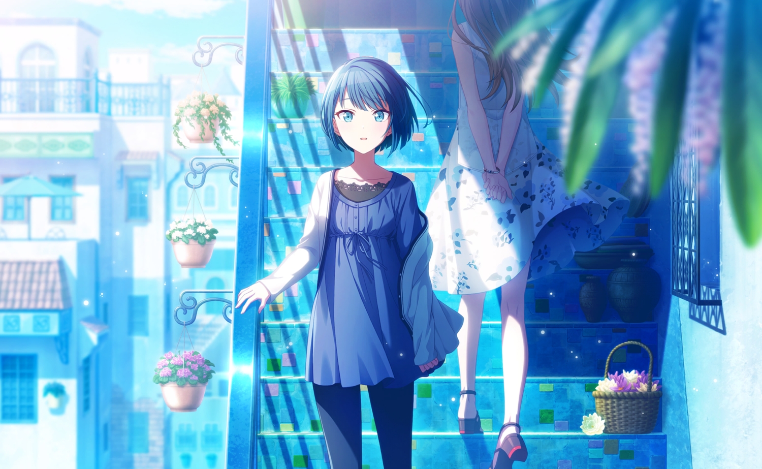 2girls, aqua_eyes, blue_hair, brown_hair, building, city, colorful_palette, dress