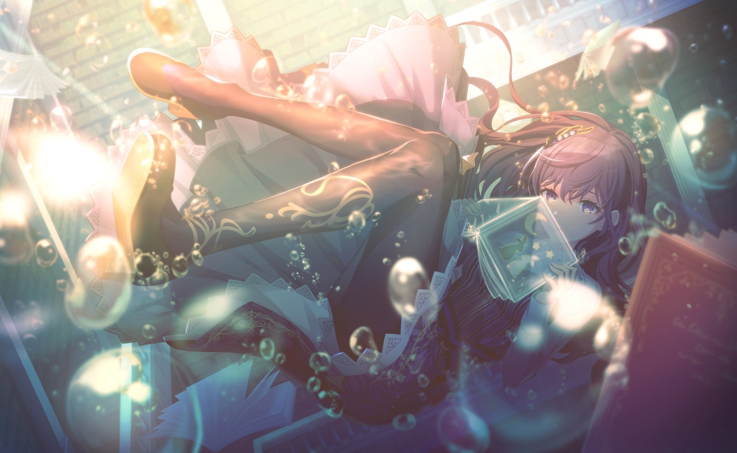 asahina_mafuyu, book, bubbles, colorful_palette, dress, long_hair, pantyhose, project_sekai, purple_eyes, purple_hair, tagme_(artist), underwater, upskirt, water