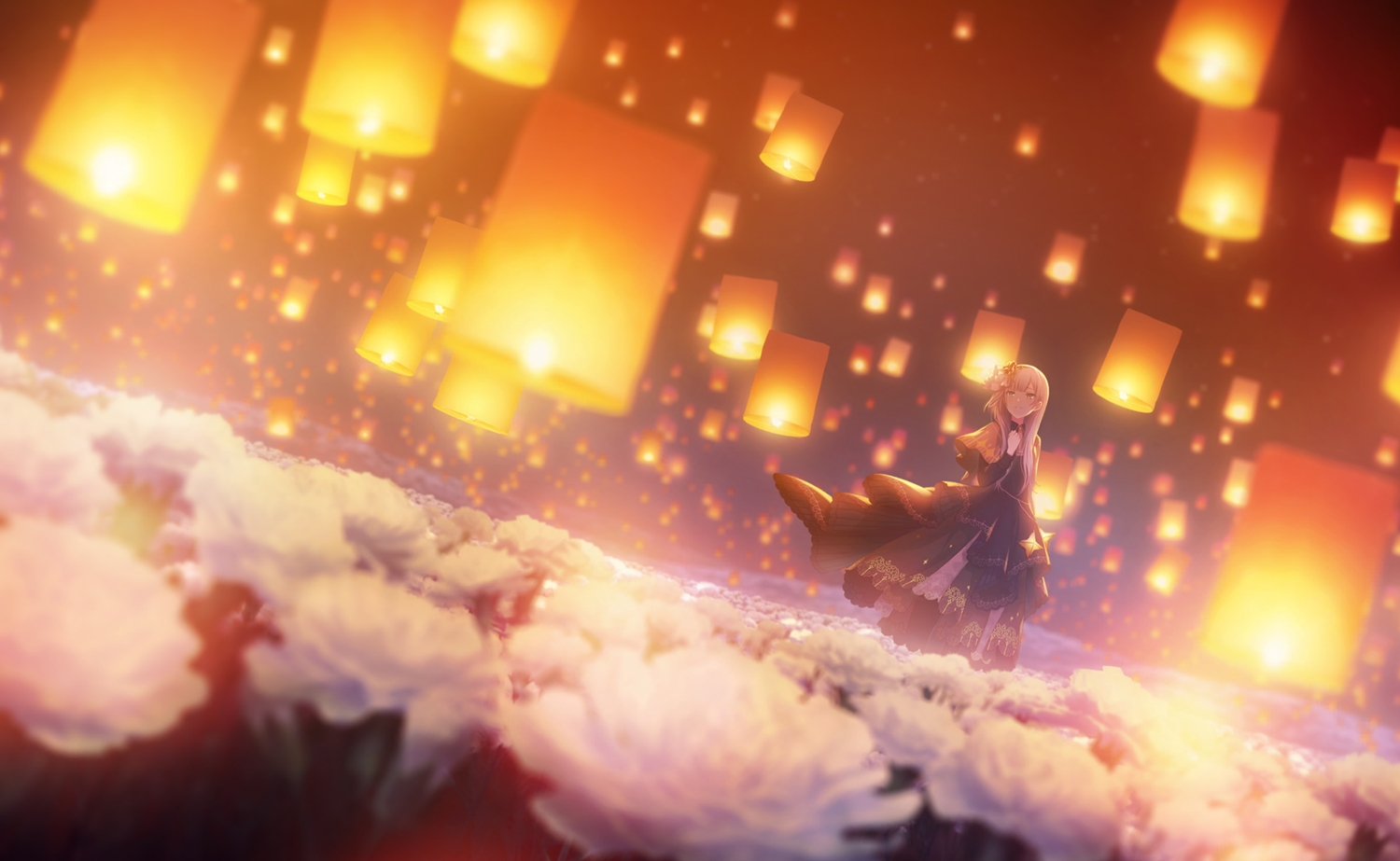 cape, colorful_palette, dress, flowers, gray_eyes, gray_hair, long_hair, night, project_sekai, tagme_(artist), yoisaki_kanade