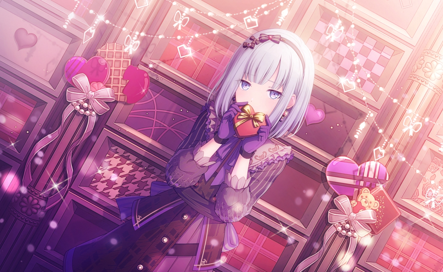 blue_eyes, bow, colorful_palette, dress, gloves, goth-loli, gray_hair, headband