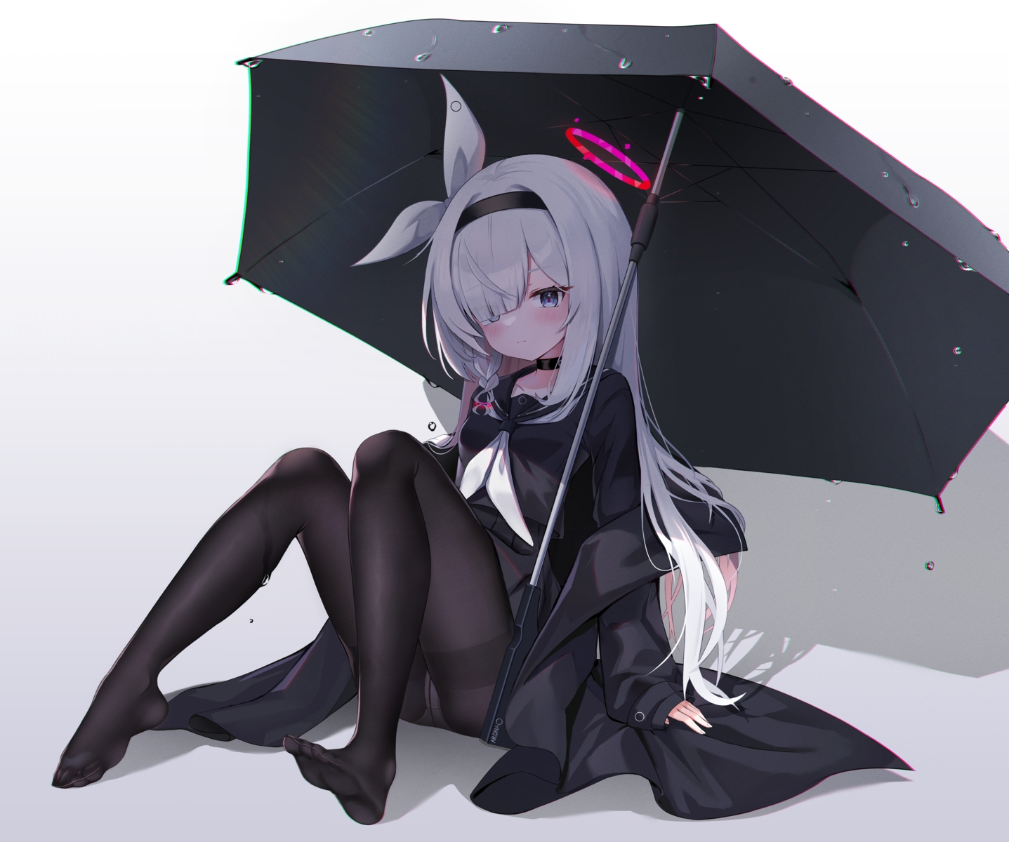 blue_archive, blue_eyes, blush, braids, choker, gradient, halo, headband, j.j_(66752902), long_hair, panties, pantyhose, plana_(blue_archive), school_uniform, skirt, umbrella, underwear, white_hair