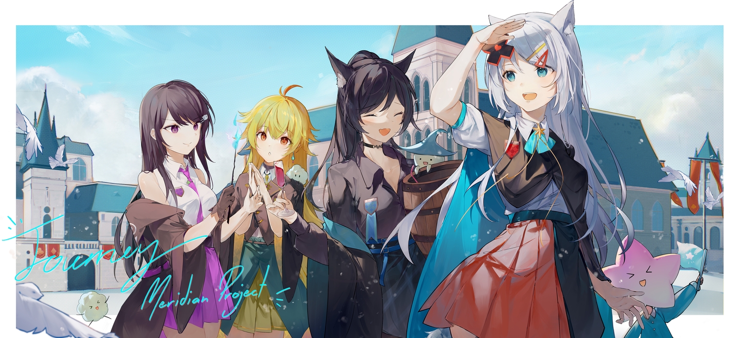 amari, animal, animal_ears, aqua_eyes, bird, black_hair, blonde_hair, building, cape, choker, city, clouds, drink, foxgirl, gloves, group, hibiki_(vtuber), ksp_(vtuber), long_hair, magic, meridian_project, mizuki_(vtuber), ponytail, purple_eyes, red_eyes, seki_(vtuber), shirt, skirt, sky, tie, wand