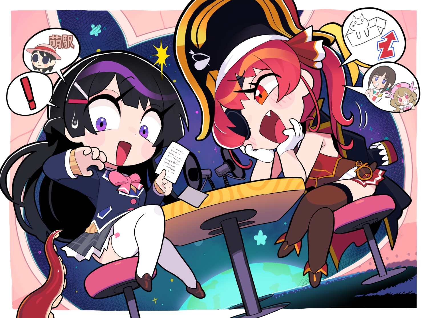 black_hair, blush, bow, cape, crossover, earth, eyepatch, fang