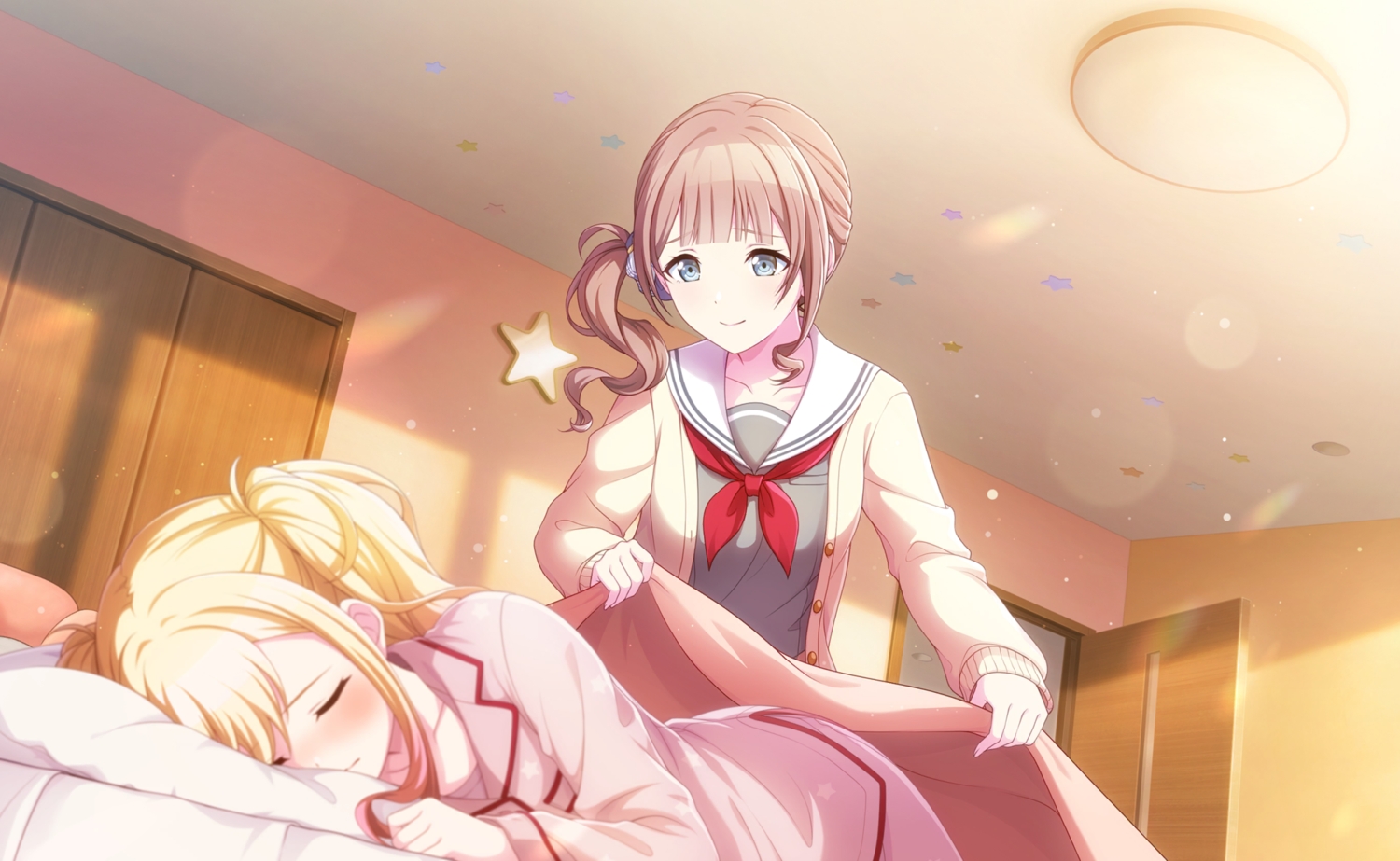 2girls, bed, blonde_hair, blue_eyes, blush, brown_hair, colorful_palette, mochizuki_honami