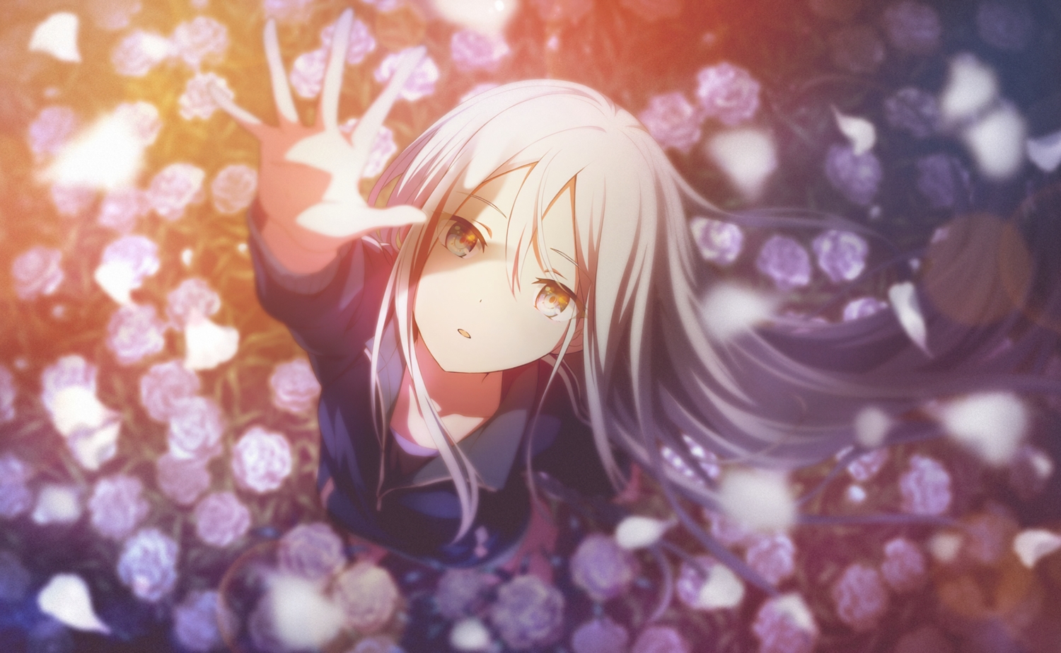 colorful_palette, flowers, gray_eyes, long_hair, petals, project_sekai, tagme_(artist), white_hair, yoisaki_kanade